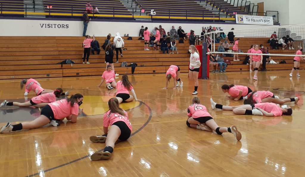 Pictured: Elmira Falcons (varsity) warming up for game taken by: Kelsey Hemple