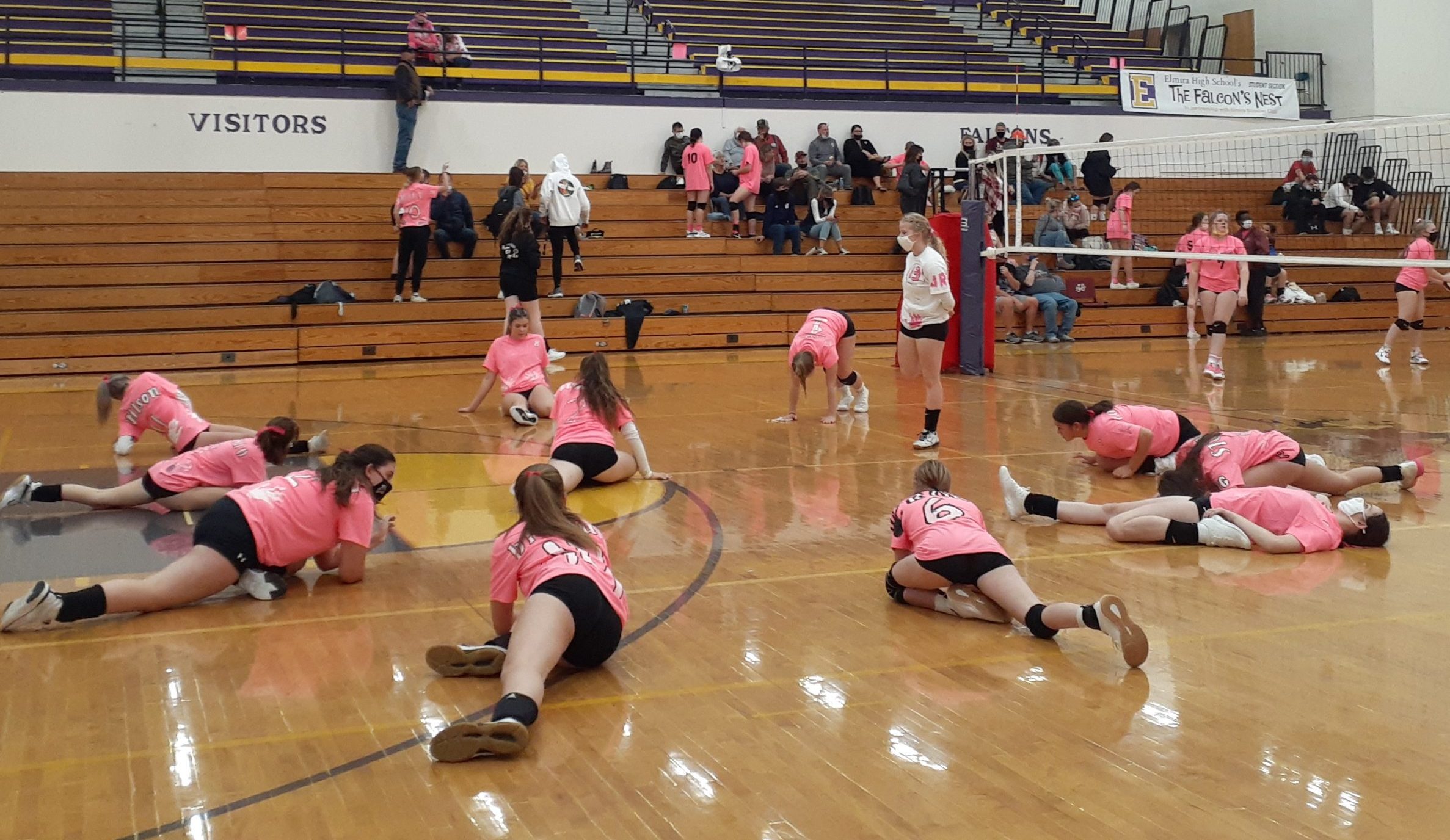Pictured: Elmira Falcons (varsity) warming up for game taken by: Kelsey Hemple